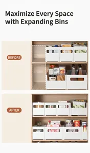 Detail showing white expandable under-sink shelf for kitchen cabinet space optimization