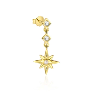 Macro detail of S925 hallmark on a gold octagonal star earring with zircons and pearl