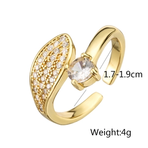 Detail view of 18K gold plated leaf ring with zircon accents and 1.7-1.9cm inner diameter