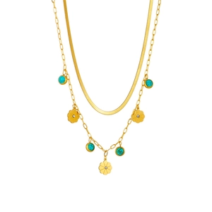 Double-layer gold snake chain necklace with turquoise beads and flower pendants