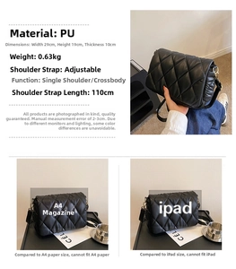 Detail showing dimensions 29x19x10cm and materials of black quilted shoulder bag