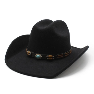 Western Cowboy Hat Wide Brim Felt Fedora Ethnic Turquoise Wood Bead Band Outdoor Sun Hat For Men Women