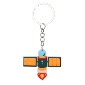 Detailed view of a colorful satellite keychain with solar panels and flame graphics