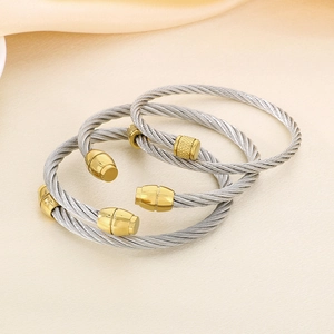 Three-piece stainless steel cable wire open bangles with gold plated geometric ends