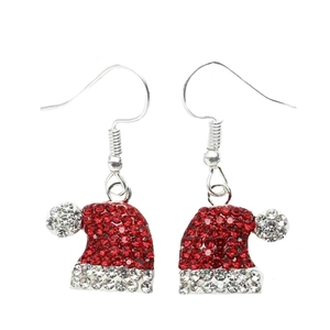 Detail of Christmas hat earrings with sparkling rhinestones and festive red enamel