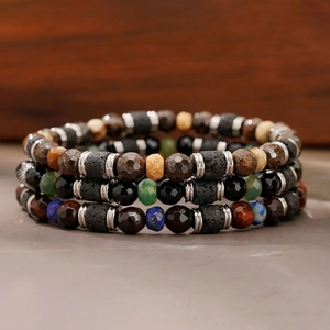 Natural Stone Beaded Bracelet Faceted Lapis Lazuli Lava Rock Stainless Steel Waterproof Jewelry For Men Minimalist