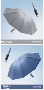 Detail view of misty gray and haze blue automatic umbrellas with unique hook handles