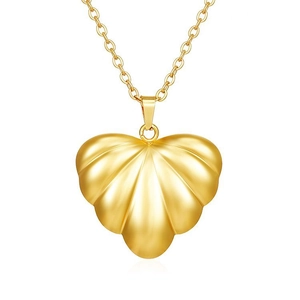 Detail view of heart-shaped 18K gold-plated pendant with a textured fan-like motif