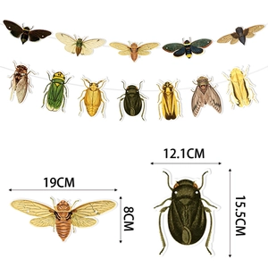 Insect theme party hanging banners and spiral decorations with bug cutouts and sizes