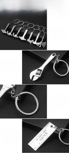 Detailed close-up of zinc alloy tool keychains with polished finish and laser engraving