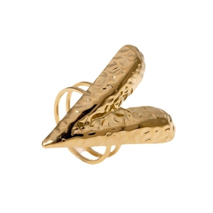 Vintage style gold plated stainless steel ring featuring a large hammered V-shaped design