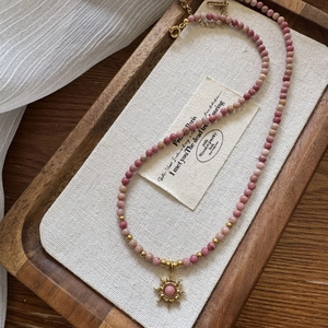 Stainless Steel Natural Rhodonite Sun Pendant Beaded Necklace Bohemian Vintage Clavicle Chain Jewelry For Women