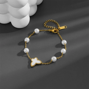 Elegant gold titanium steel bracelet with white shell butterfly and pearl pendant