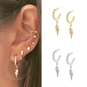 Sparkling S925 sterling silver lightning bolt hoop earrings with cubic zirconia for women