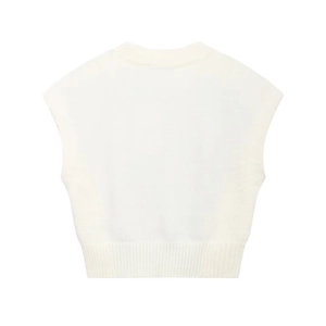Detail view of white knit sweater vest back showing the ribbed hem and texture