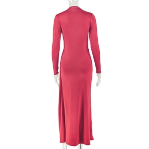 Back view of a red bodycon maxi dress with long sleeves and elegant ruched detailing