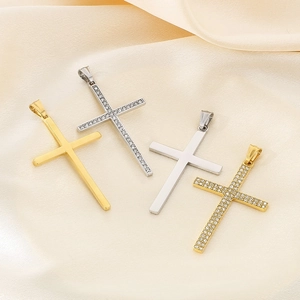 Hip hop style gold and silver stainless steel cross pendants with sparkling rhinestones