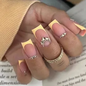 French Yellow Sparkle Rhinestone Press On Nails Gradient Nude Pink Square Flat Head Sweet Elegant False Nails