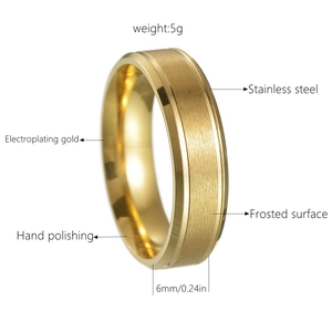 Detail of 6mm brushed gold wedding ring showing frosted surface and hand polished edges