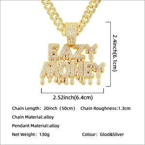 Iced out EAZY MONEY letter pendant necklace with 20 inch Cuban chain in gold finish