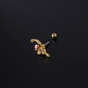 Golden moon stud earring with purple zircon crystals and secure screw ball back