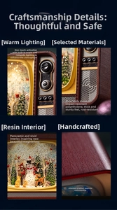 Detail view of vintage TV music box featuring resin snow scene and warm LED lighting