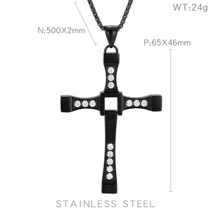Detailed specs of black stainless steel cross pendant necklace with white crystals