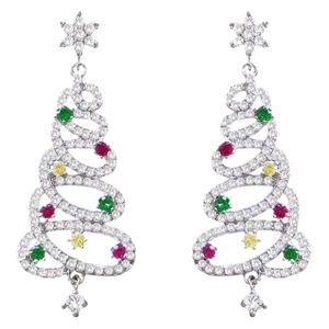 Christmas tree drop earrings with colorful crystals and star top on white background