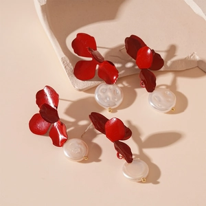 Retro Ancora Red Flower Drop Earrings With Freshwater Pearl And Silver Earring Post Elegant Floral Jewelry For Women