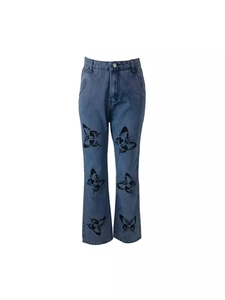Slim fit blue denim jeans for women featuring stylish black butterfly prints on the legs