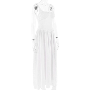 Detailed view of white V-neck backless dress with elegant ruched fabric and high slit