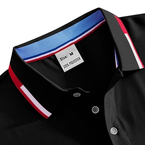 Close-up of black polo shirt collar with three-color stripe detail and mesh fabric texture