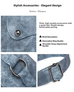 Detail of blue denim shoulder bag showing metallic rivets and adjustable strap buckle