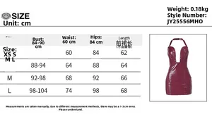 Größentabelle für das weinrote PU-Leder-Halterkleid mit Maßen von XS bis L in cm