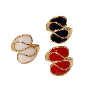 Modern 18k gold plated stainless steel open rings with enamel drip in black white and red