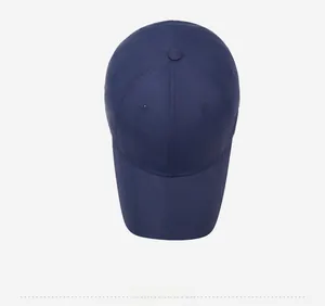 Top view of a navy blue quick-dry sports baseball cap with a classic six-panel design