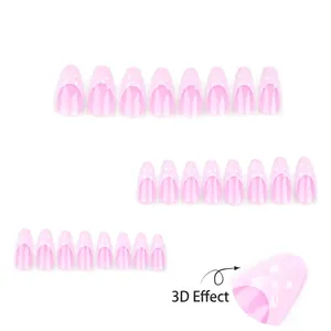 Pink almond press-on nails with 3D water ripple effect and glossy finish, 24 pieces set