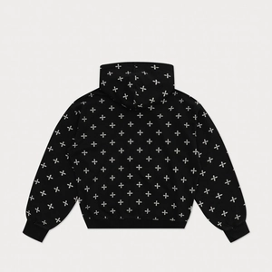 Vue détaillée du dos d'un sweat à capuche noir avec imprimé floral en croix sur tout le corps