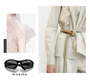 Detail showing Y2K black sports sunglasses with beige braided belt and pink fabric texture