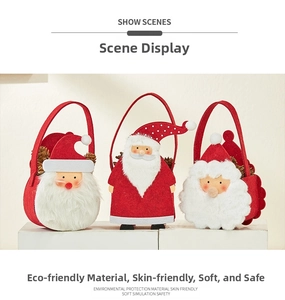 Three Santa Claus felt gift bags with plush hats and handles for Christmas treats