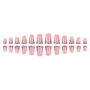 Faux ongles rose French léopard avec nœuds 3D et strass, coffret de 24 pièces