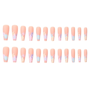 Long coffin matte press-on nails featuring colorful 3D flower patterns in macabre pastel colors