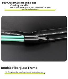 Detailed view of the 32-rib double fiberglass frame and automatic mechanism of the umbrella