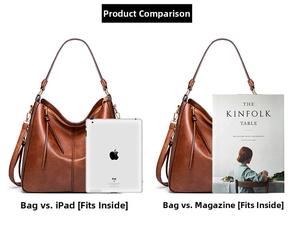 Detail of a large brown leather tote bag showing spacious capacity for iPad and magazines