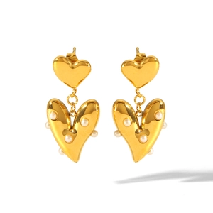 18k gold plated stainless steel heart earrings with elegant white pearl accents