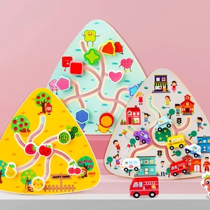 Three wooden maze toys for kids featuring fruit, city traffic, and shapes on pink background
