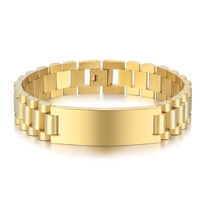 Macro detail of gold stainless steel watch-style bracelet with polished identity plate