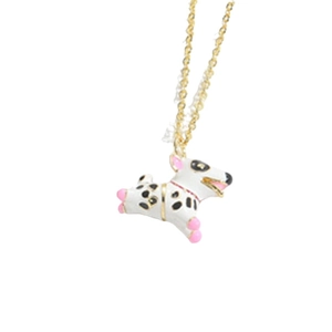 Cute white enamel puppy pendant necklace with black spots on a gold link chain