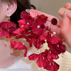 Stoff Blume Quaste Hängeohrringe Mit Silber Ohrstecker Retro Dunkelrot Floral Künstliche Perle Herz Schmuck Für Damen