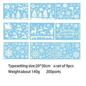 9-piece set of white Christmas window stickers with reindeer and tree designs on blue